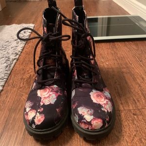 Women’s black and pink floral combat boots